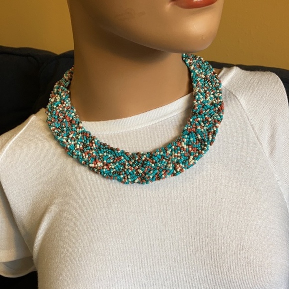 Multi-beaded woven necklace collar in turquoise and corals
